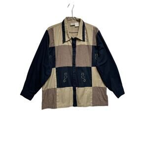 Blair Women's Casual Patchwork Button Shirt With Embroidered Cats - Size 2XL